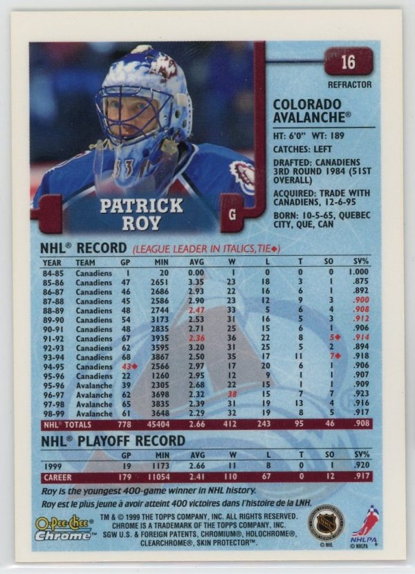 1999-00 Patrick Roy Avalanche OPC Chrome Refractor Card #16