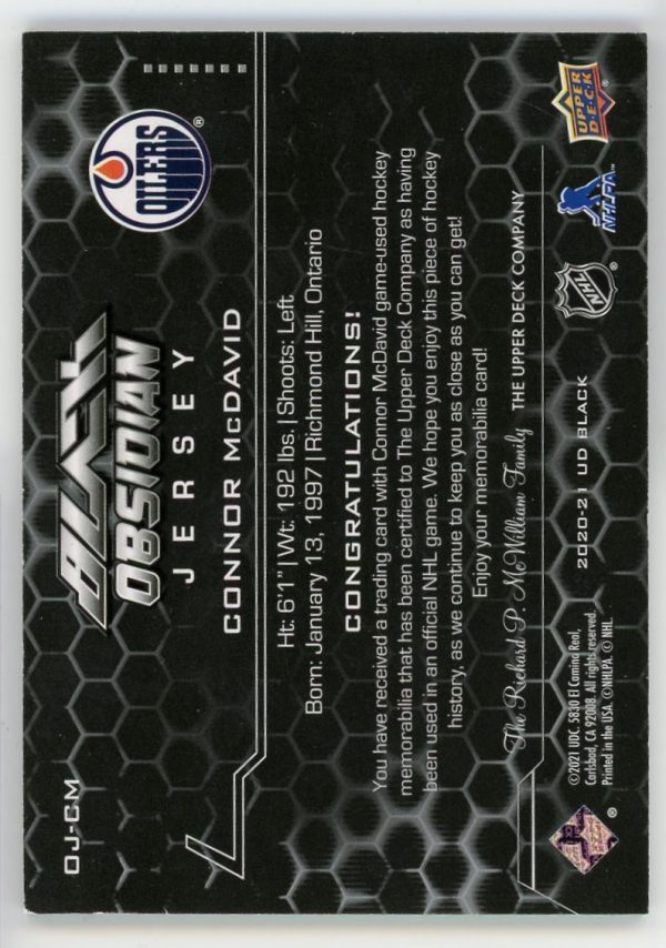 Connor Mcdavid 2020-21 UD Black Diamond Obsidian Jersey Card /249 OJ-CM
