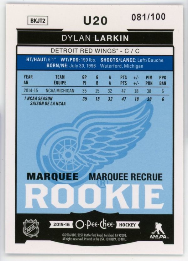 Dylan Larkin 2015-16 O-Pee-Chee Marquee Rookie Black /100 U20