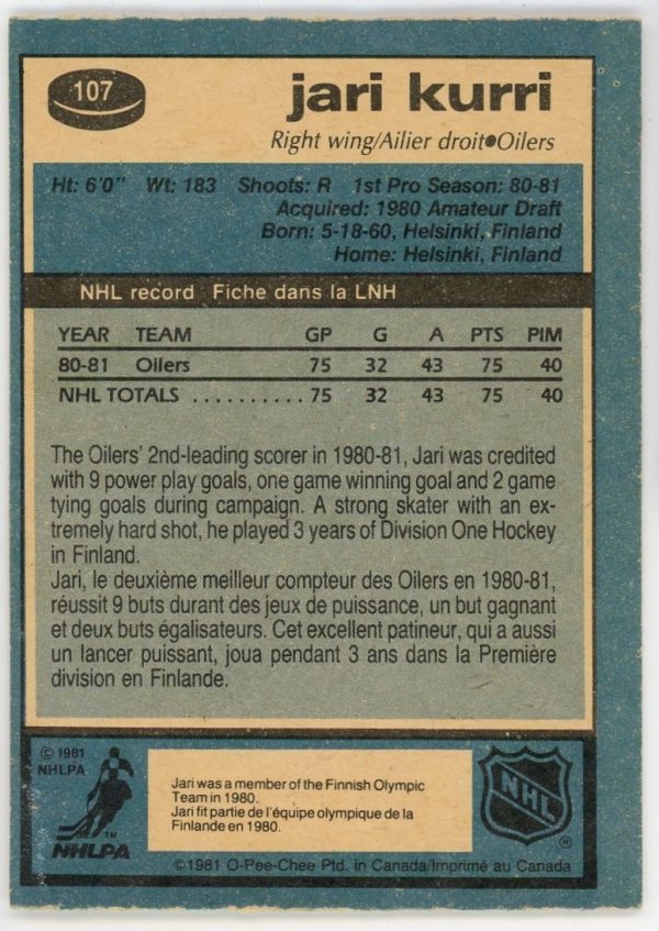 Jari Kurri 1981-82 O-Pee-Chee Rookie Card #107