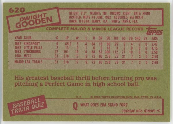 Dwight Gooden Mets 1985 Topps Rookie Card #620