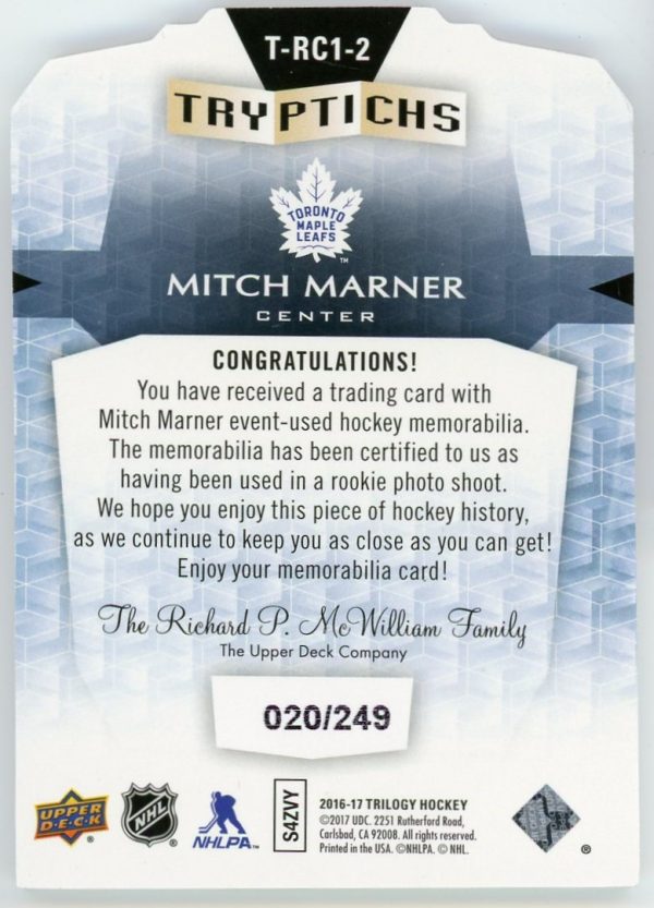 Mitch Marner 2016-17 UD Trilogy Tryptichs Rookies Jersey Card /249 #2