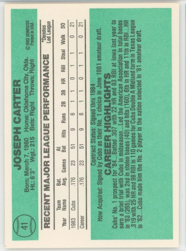 Joe Carter Cubs 1983 Donruss Rated Rookie Card #41