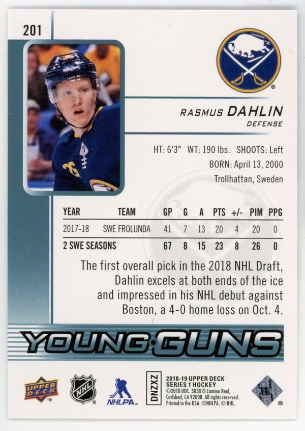 Rasmus Dahlin 2018-19 Upper Deck Series 1 Young Guns #201