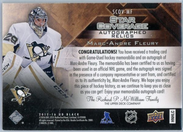 Marc-Andre Fleury Penguins UD 2015-16 Black Star Coverage Autographed Relics Card#SCOV-MF 03/25