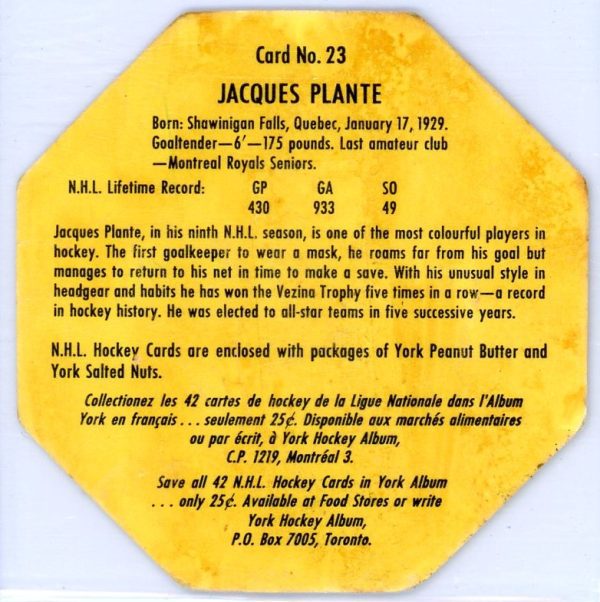Jacques Plante Canadiens York Peanut Butter 1961-62 Vintage Card#23