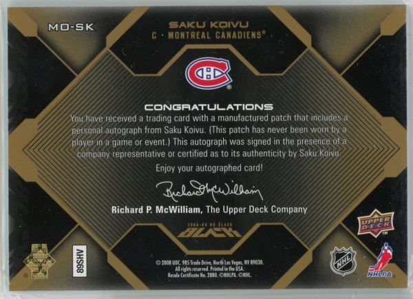 Saku Koivu Canadiens 2008 UD Marks Of Obsidian Patch Auto /25 Card #MO-SK