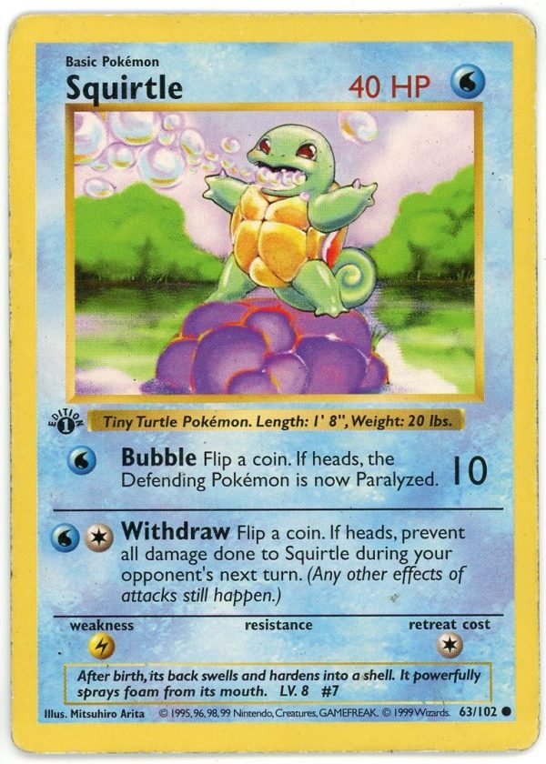Pokemon Squirtle 63/102 Base Set 1st Edition Shadowless Card