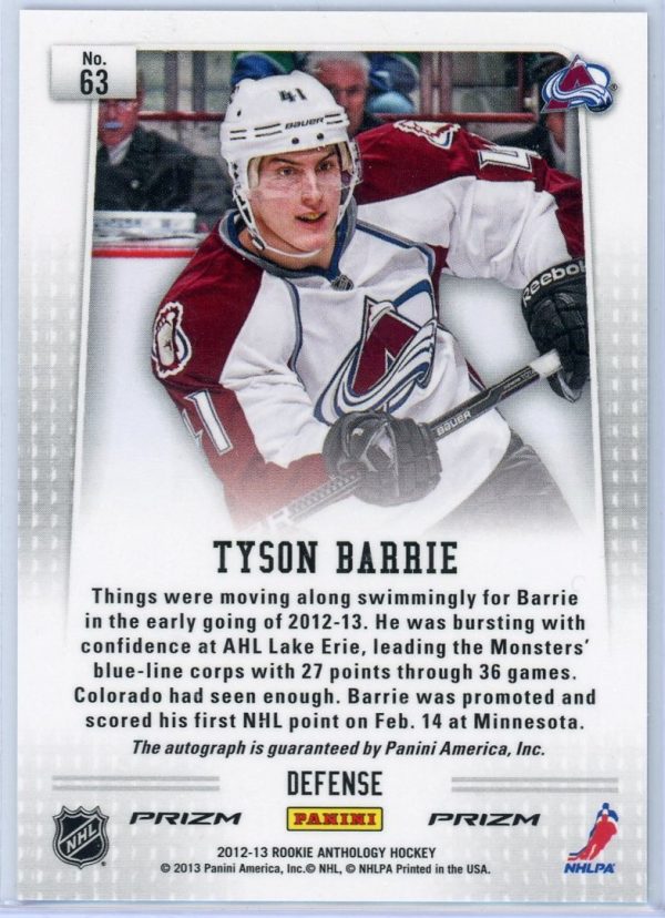 Tyson Barrie Avalanche Panini 2012-13 Autographed Prizm Rookie Card#63