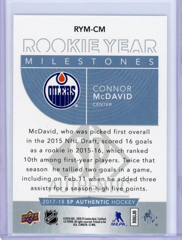 Connor McDavid Oilers UD SP Authentic 2017-18 Rookie Year Milestones Card #RYM-CM
