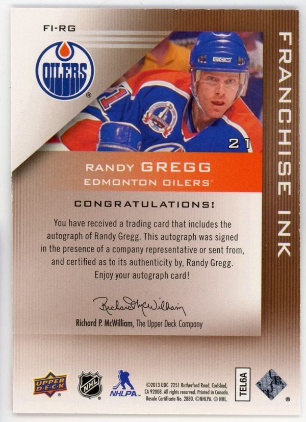 Randy Gregg 2013-14 Upper Deck Edmonton Oilers Franchise Ink FI-RG