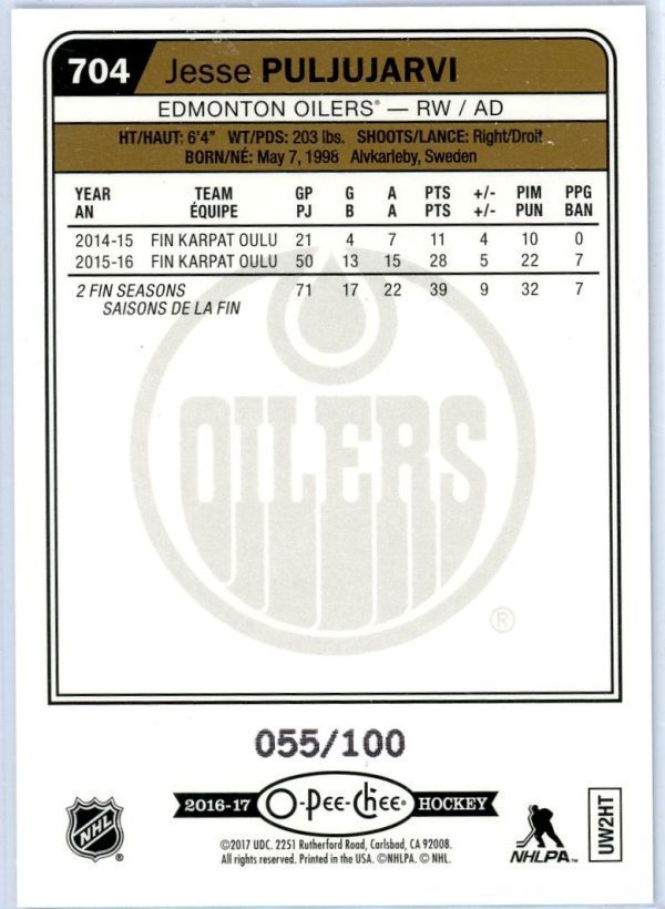Jesse Puljujarvi Oilers OPC 2016-17 Marquee Rookies Card#704 055/100