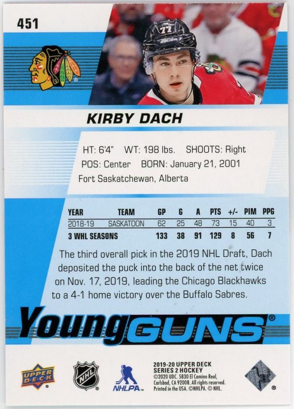 Kirby Dach 2019-20 Upper Deck Series 2 Young Guns #451