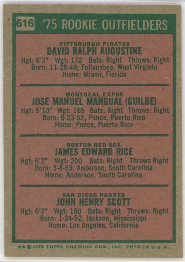 Jim Rice (HOF) and Others 1975 Rookie Outfielders Rookie Card #616