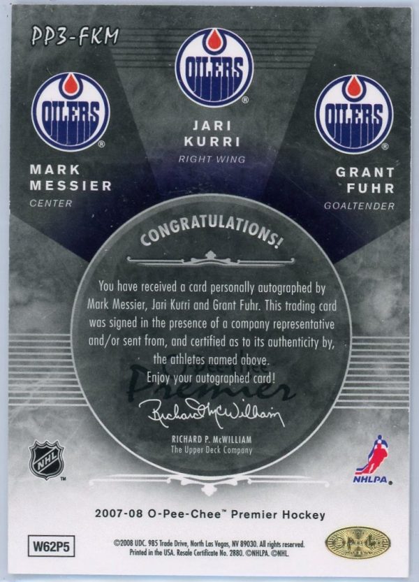 Mark Messier/Jari Kurri/Grant Fuhr Oilers OPC 2007-08 Autographed Premier Trios Card#PP3-FKM 33/35