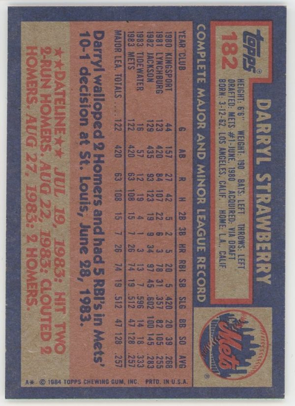 1984 Darryl Strawberry Mets Topps Rookie Card #182