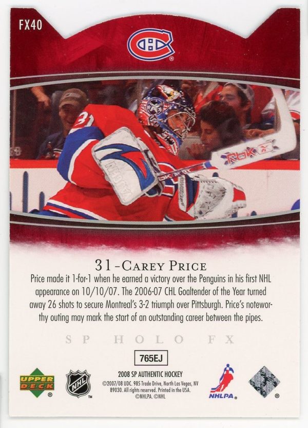 2007-08 Carey Price Canadiens UD SP Authentic Holo FX Red Die Cut Rookie Card #FX40