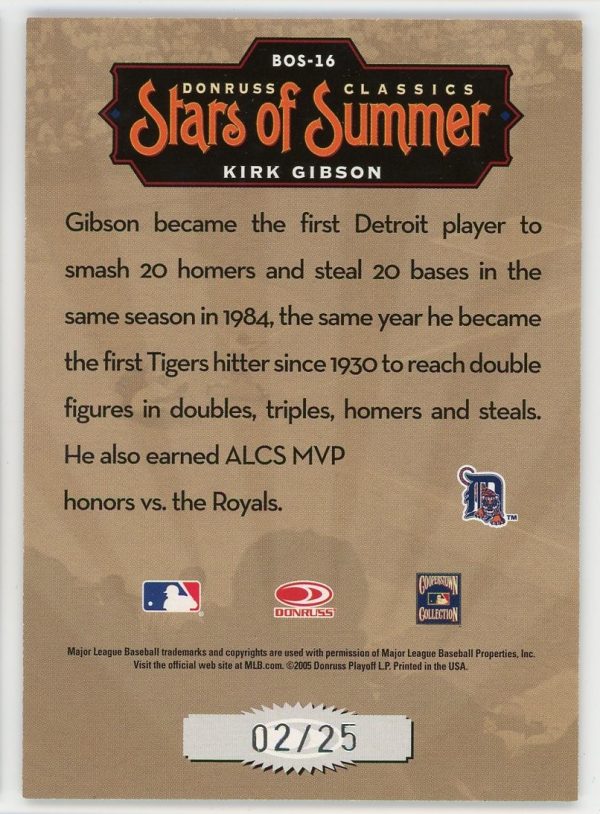 2005 Kirk Gibson Tigers Donruss Classics Stars Of Summer /25 Auto Card #BOS-16