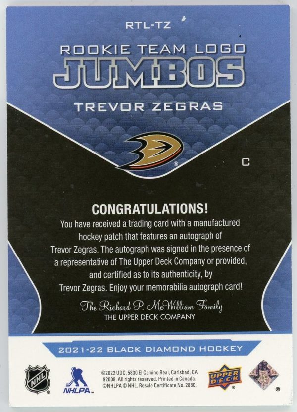 Trevor Zegras 2021-22 UD Black Diamond Rookie Team Logo Jumbos Auto /99 RTL-TZ
