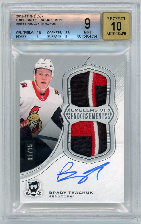 Brady Tkachuk 2018-19 UD The Cup Emblems Of Endorsement Rookie /15 BGS 9