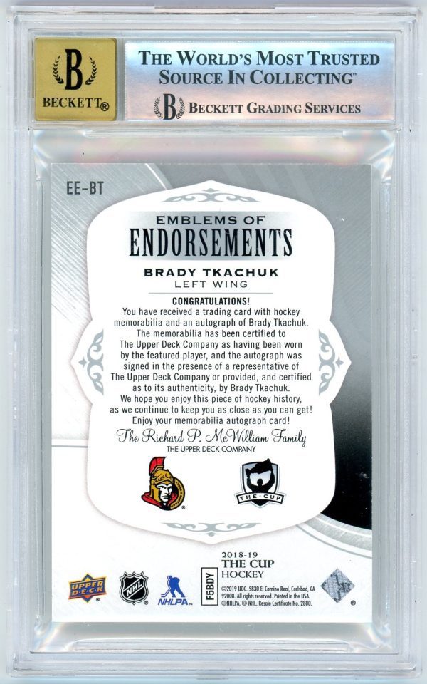 Brady Tkachuk 2018-19 UD The Cup Emblems Of Endorsement Rookie /15 BGS 9