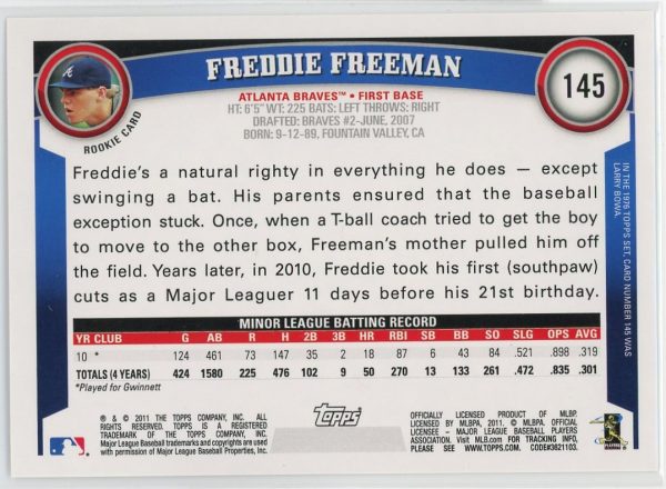 Freddie Freeman Braves 2011 Topps Rookie Card #145