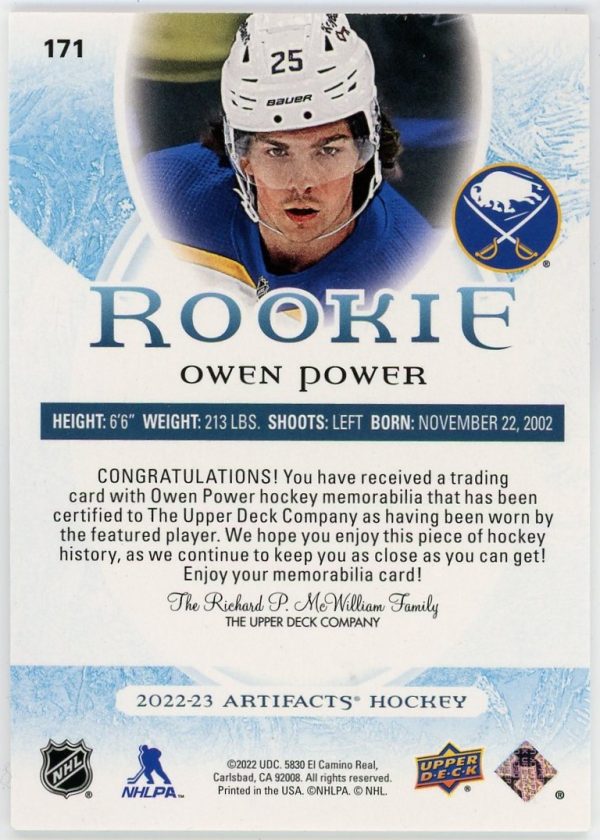 Owen Power 2022-23 Upper Deck Artifacts Gold Dual Jersey /599 #171