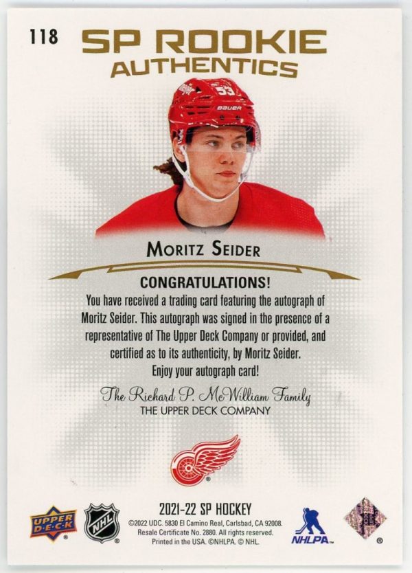 Moritz Seider 2021-22 SP Rookie Authentics Gold Auto /25 #118