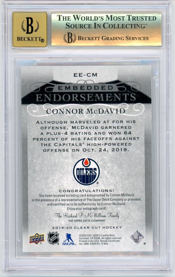 Connor Mcdavid 2019-20 UD Clear Cut Embedded Endorsements Auto /99 BGS 9.5