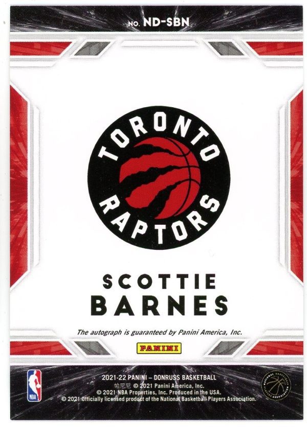 2021-22 Scottie Barnes Raptors Panini Donruss Next Day Auto Rookie Card #ND-SBN
