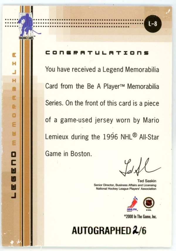 Mario Lemieux 2000-01 BAP Legend Memorabilia Game Worn Jersey/Auto /6 #L-8