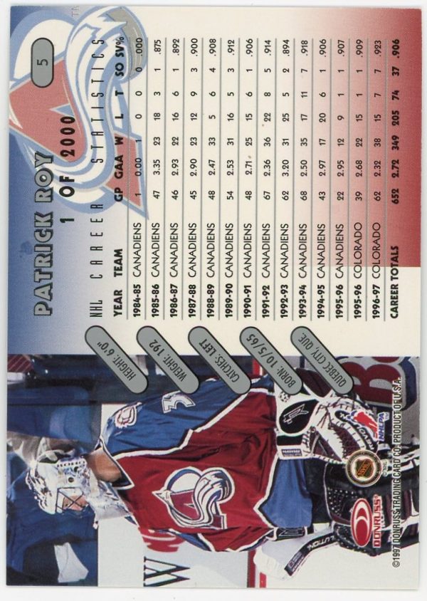 1997-98 Patrick Roy Avalanche Donruss Press Proof Silver /2000 Card #5