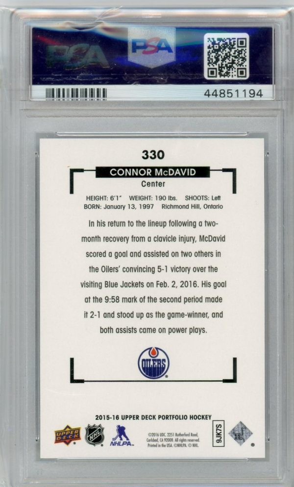 Connor McDavid Oilers UD 2015-16 Portfolio Rookie Card#330 PSA 10
