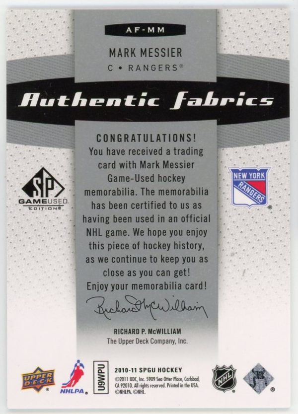 Mark Messier 2010-11 UD SP Game Used Authentic Fabrics #AF-MM
