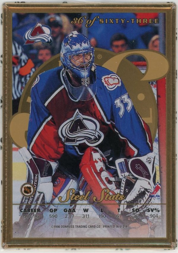 Patrick Roy Avalanche 1996-97 Donruss Leaf Steel Gold Parallel Metal UNPEELED Card #36