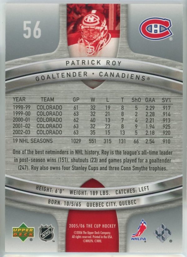 Patrick Roy Canadiens 2005-06 UD The Cup 076/249 Card #56