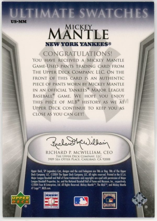 Mickey Mantle 2004 UD SP Legendary Cuts Ultimate Swatches #US-MM