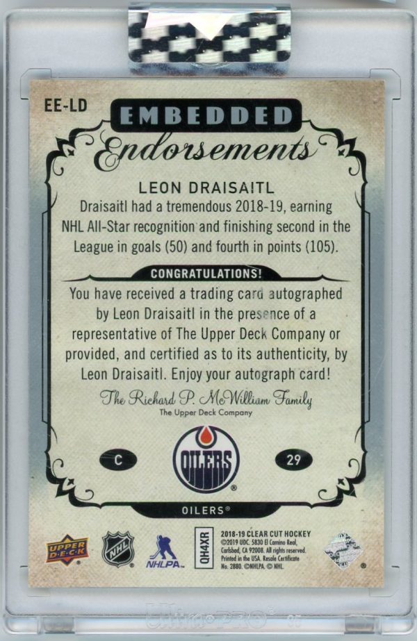 2018-19 Leon Draisaitl Oilers UD Clear Cut Embedded Endorsements /99 Auto Card #EE-LD
