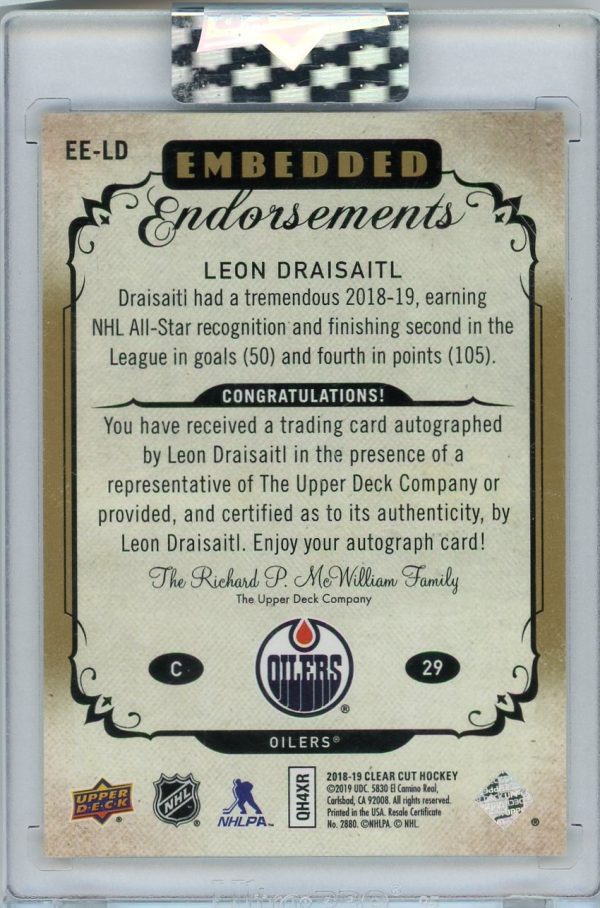 2018-19 Leon Draisaitl Oilers UD Clear Cut Embedded Endorsements /25 Auto Card #EE-LD