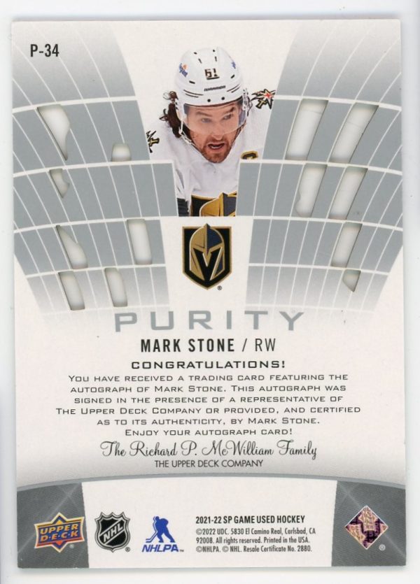 Mark Stone 2021-22 UD SP Game Used Purity Auto /49 Card