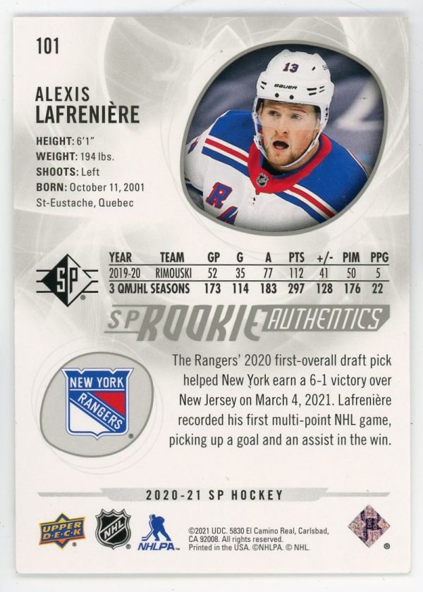 Alexis Lafreniere 2020-21 SP Hockey SP Rookie Authentics /1299 #101