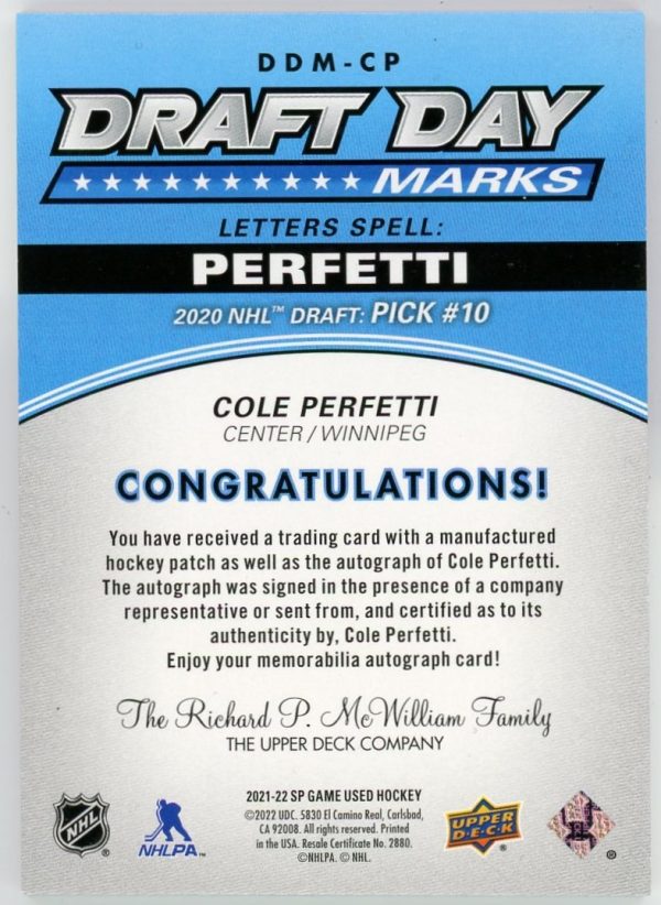 Cole Perfetti 2021-22 UD SP Game Used Draft Day Marks "P" /25 #DDM-CP