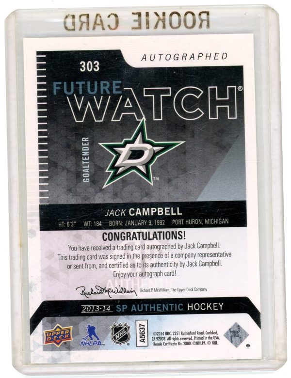 Jack Campbell Stars UD 2013-14 Future Watch SP Authentic Autographed Rookie Card #303 295/999