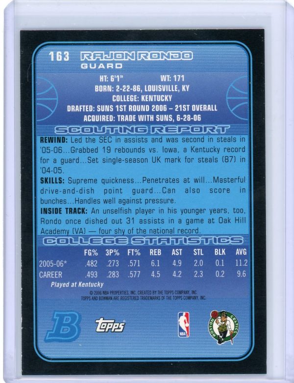 Rajon Rondo Celtics Topps 2005-06 Bowman Rookie Card #163