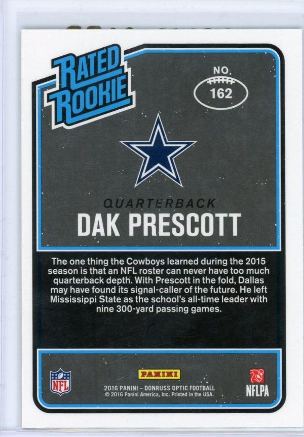 Dak Prescott Cowboys Panini 2016 Donruss Optic Rated Rookie Card #162
