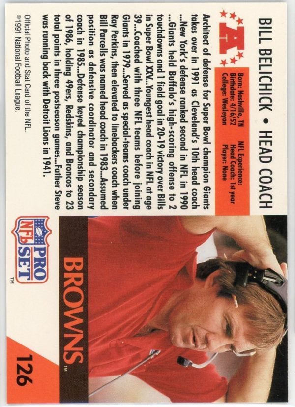 1991 Bill Belichick Browns Pro Set Rookie Card #126