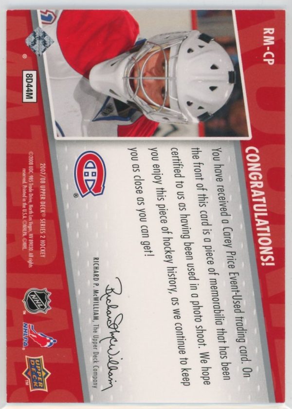 2007-08 Carey Price Canadiens UD Rookie Materials Card #RM-CP