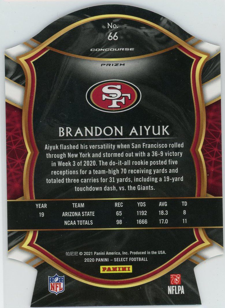 Brandon Aiyuk 49ers 2020 Panini Select Red Die Cut Concourse Rookie Card #66