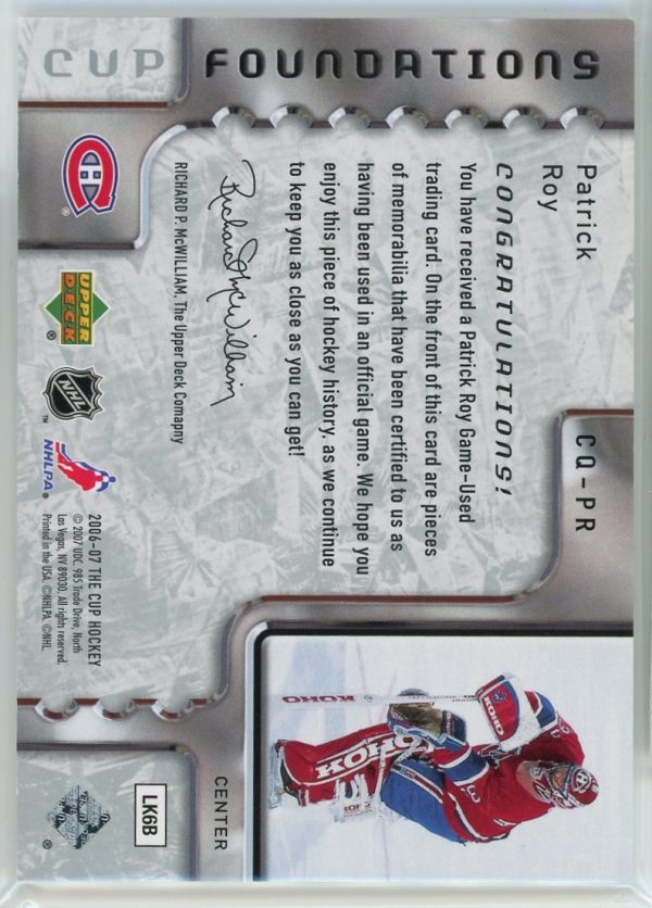 2006-07 Patrick Roy Avalanche UD The Cup Foundations /25 Quad Patch Card #CQ-PR