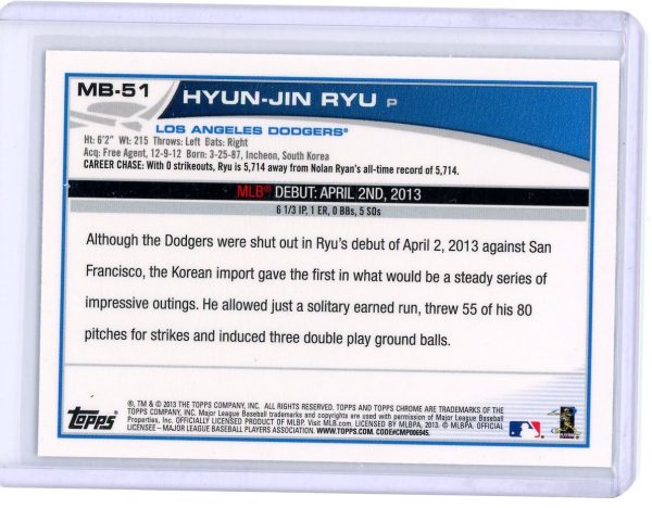 Hyun-Jin Ryu Dodgers Topps 2013 Topps Chrome Rookie Card #MB-51